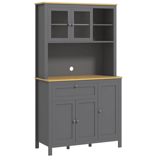 HOMCOM Armário de Cozinha Alto, Móvel Auxiliar de Cozinha com 5 Portas, Prateleira Ajustável, Gaveta, Tampo Aberto para Micro-ondas, Orifício para Cabos, 100x40x180 cm, para Sala de Jantar, Sala de Estar, Cinzento