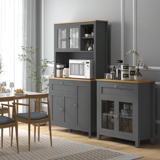 HOMCOM Armário de Cozinha Alto, Móvel Auxiliar de Cozinha com 5 Portas, Prateleira Ajustável, Gaveta, Tampo Aberto para Micro-ondas, Orifício para Cabos, 100x40x180 cm, para Sala de Jantar, Sala de Estar, Cinzento