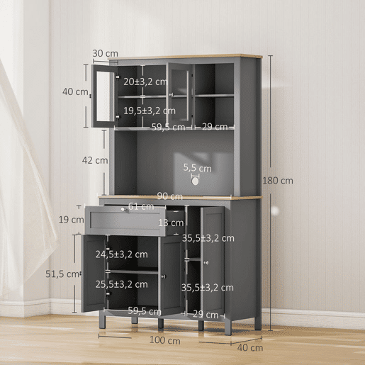 HOMCOM Armário de Cozinha Alto, Móvel Auxiliar de Cozinha com 5 Portas, Prateleira Ajustável, Gaveta, Tampo Aberto para Micro-ondas, Orifício para Cabos, 100x40x180 cm, para Sala de Jantar, Sala de Estar, Cinzento