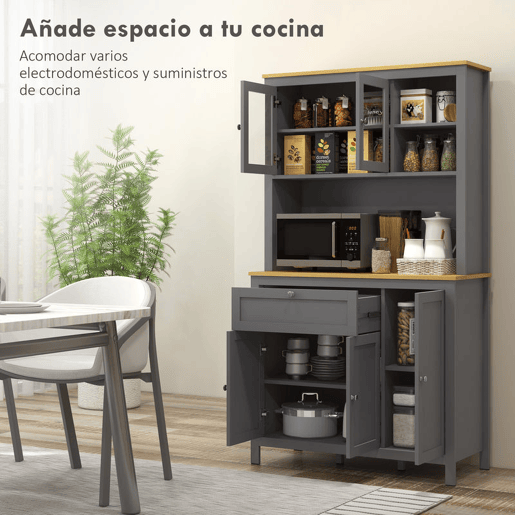 HOMCOM Armário de Cozinha Alto, Móvel Auxiliar de Cozinha com 5 Portas, Prateleira Ajustável, Gaveta, Tampo Aberto para Micro-ondas, Orifício para Cabos, 100x40x180 cm, para Sala de Jantar, Sala de Estar, Cinzento