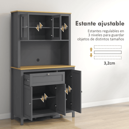 HOMCOM Armário de Cozinha Alto, Móvel Auxiliar de Cozinha com 5 Portas, Prateleira Ajustável, Gaveta, Tampo Aberto para Micro-ondas, Orifício para Cabos, 100x40x180 cm, para Sala de Jantar, Sala de Estar, Cinzento