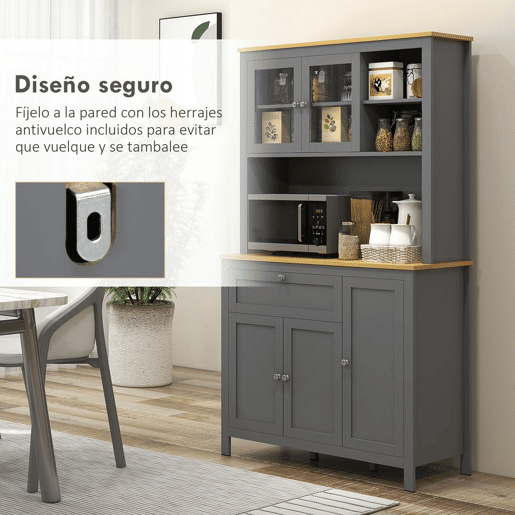 HOMCOM Armário de Cozinha Alto, Móvel Auxiliar de Cozinha com 5 Portas, Prateleira Ajustável, Gaveta, Tampo Aberto para Micro-ondas, Orifício para Cabos, 100x40x180 cm, para Sala de Jantar, Sala de Estar, Cinzento