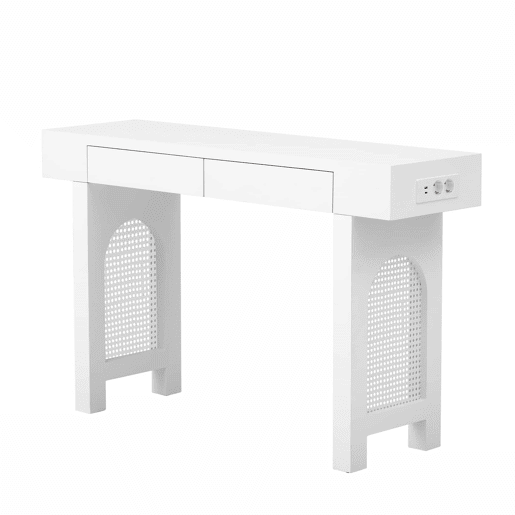 Consola estreita u2013 com gavetas, régua de tomadas, design em grelha e pés ajustáveis para hall de entrada ou sala de estar u2013 Branco