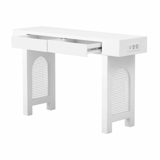 Consola estreita u2013 com gavetas, régua de tomadas, design em grelha e pés ajustáveis para hall de entrada ou sala de estar u2013 Branco