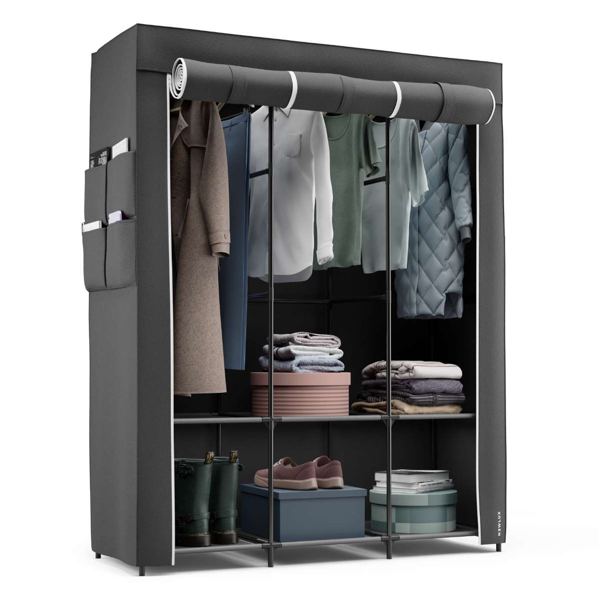 Armario de tela canvas v130 newlux negro 3 barras de ropa larga, estantes y bolsillos