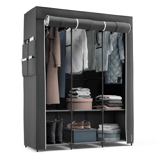 Roupeiro de tecido Canvas V130 Newlux 3 barras para roupa comprida, prateleiras e bolsos Negro