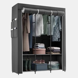 Roupeiro de tecido Canvas V130 Newlux 3 barras para roupa comprida, prateleiras e bolsos Negro