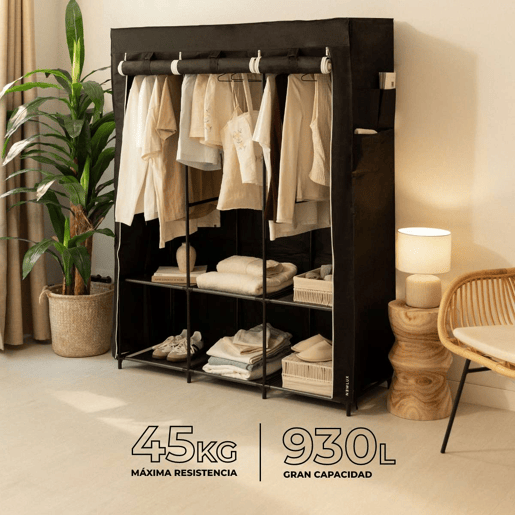 Roupeiro de tecido Canvas V130 Newlux 3 barras para roupa comprida, prateleiras e bolsos Negro