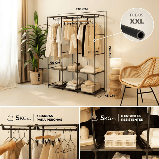 Roupeiro de tecido Canvas V130 Newlux 3 barras para roupa comprida, prateleiras e bolsos Negro