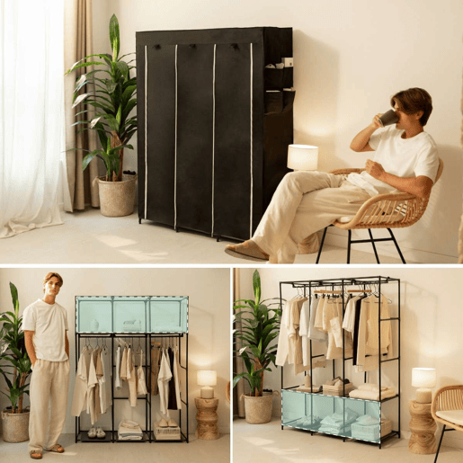 Roupeiro de tecido Canvas V130 Newlux 3 barras para roupa comprida, prateleiras e bolsos Negro