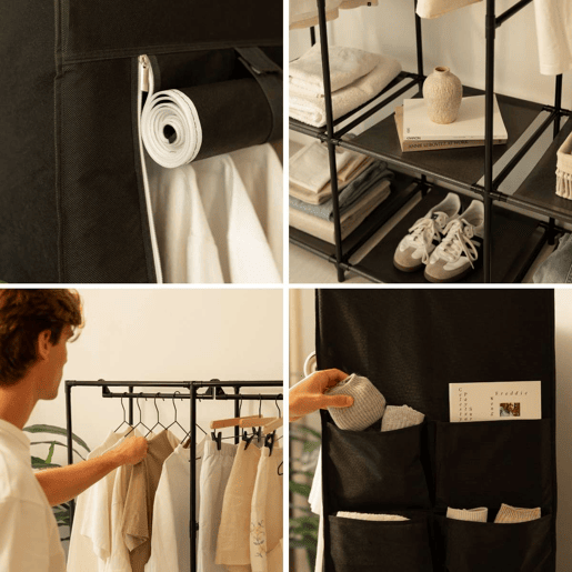 Roupeiro de tecido Canvas V130 Newlux 3 barras para roupa comprida, prateleiras e bolsos Negro