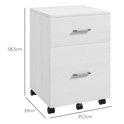 HOMCOM Arquivador para Escritório com 2 Compartimentos Bloco de Gaveta de com Rodas Móvel Arquivador para Arquivos A4 ou Documentos 39,5x39x58,5 cm Branco