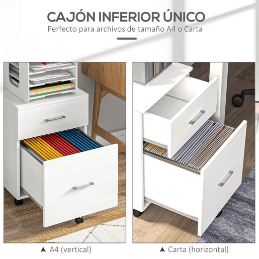 HOMCOM Arquivador para Escritório com 2 Compartimentos Bloco de Gaveta de com Rodas Móvel Arquivador para Arquivos A4 ou Documentos 39,5x39x58,5 cm Branco