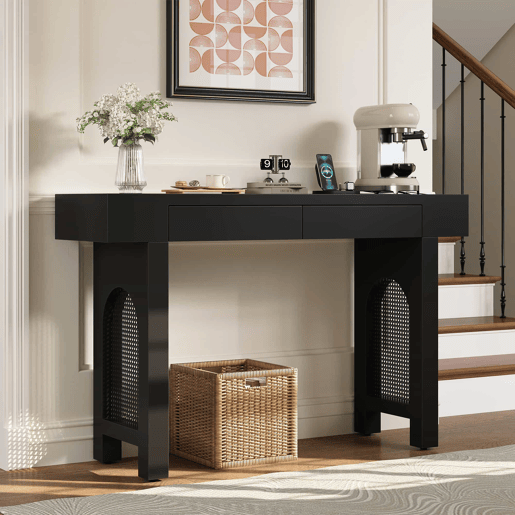 Consola de entrada estreita - com gavetas, régua com tomadas, design em grelha e pés ajustáveis - Preto