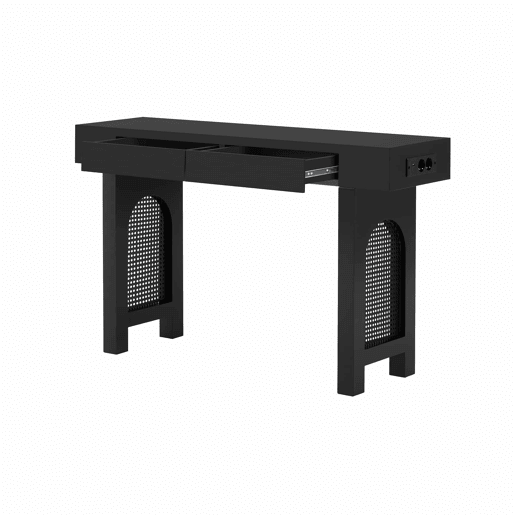 Consola de entrada estreita - com gavetas, régua com tomadas, design em grelha e pés ajustáveis - Preto