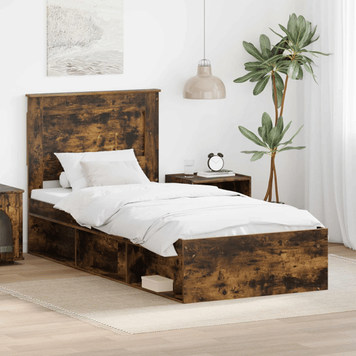 Estrutura de cama de solteiro para adultos com cabeceira Carvalho Defumado 90 x 190 cm