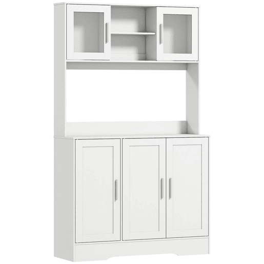 HOMCOM Armário de Cozinha, Móvel Auxiliar com 2 Portas de Vidro, Bancada Ampla para Micro-ondas, Compartimentos Abertos e Prateleiras Ajustáveis, 108x35x180 cm, Branco