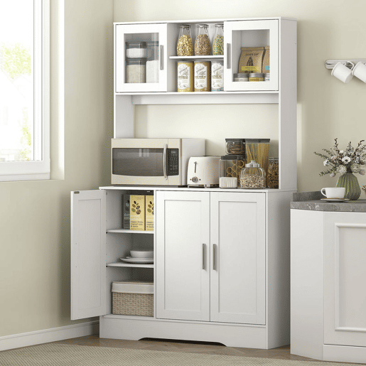 HOMCOM Armário de Cozinha, Móvel Auxiliar com 2 Portas de Vidro, Bancada Ampla para Micro-ondas, Compartimentos Abertos e Prateleiras Ajustáveis, 108x35x180 cm, Branco