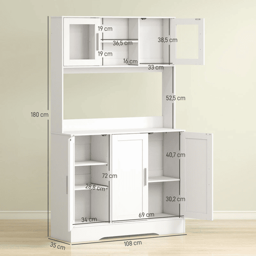 HOMCOM Armário de Cozinha, Móvel Auxiliar com 2 Portas de Vidro, Bancada Ampla para Micro-ondas, Compartimentos Abertos e Prateleiras Ajustáveis, 108x35x180 cm, Branco