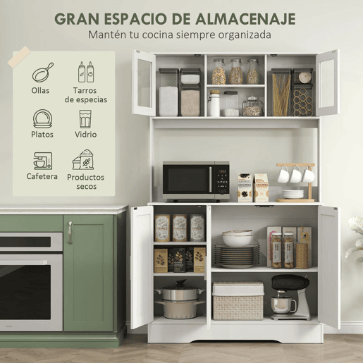 HOMCOM Armário de Cozinha, Móvel Auxiliar com 2 Portas de Vidro, Bancada Ampla para Micro-ondas, Compartimentos Abertos e Prateleiras Ajustáveis, 108x35x180 cm, Branco