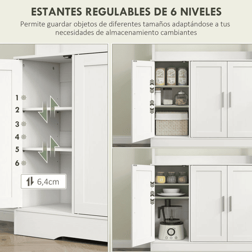 HOMCOM Armário de Cozinha, Móvel Auxiliar com 2 Portas de Vidro, Bancada Ampla para Micro-ondas, Compartimentos Abertos e Prateleiras Ajustáveis, 108x35x180 cm, Branco