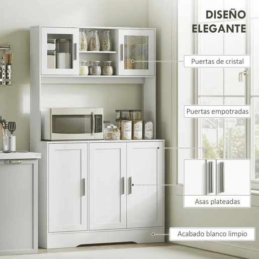 HOMCOM Armário de Cozinha, Móvel Auxiliar com 2 Portas de Vidro, Bancada Ampla para Micro-ondas, Compartimentos Abertos e Prateleiras Ajustáveis, 108x35x180 cm, Branco
