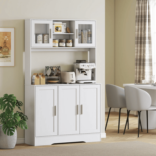 HOMCOM Armário de Cozinha, Móvel Auxiliar com 2 Portas de Vidro, Bancada Ampla para Micro-ondas, Compartimentos Abertos e Prateleiras Ajustáveis, 108x35x180 cm, Branco