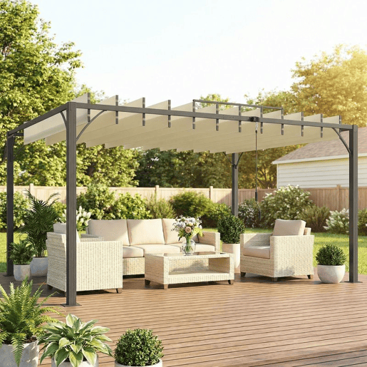 Outsunny Pérgola 390x295x213 cm para Jardim com Desenho de Lâminas Superiores Giratórias até 135° Proteção UV 50+ e Estrutura de Aço para Pátio Terraço Varanda Creme