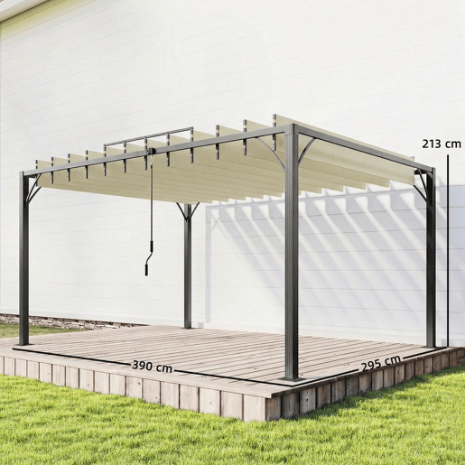 Outsunny Pérgola 390x295x213 cm para Jardim com Desenho de Lâminas Superiores Giratórias até 135° Proteção UV 50+ e Estrutura de Aço para Pátio Terraço Varanda Creme