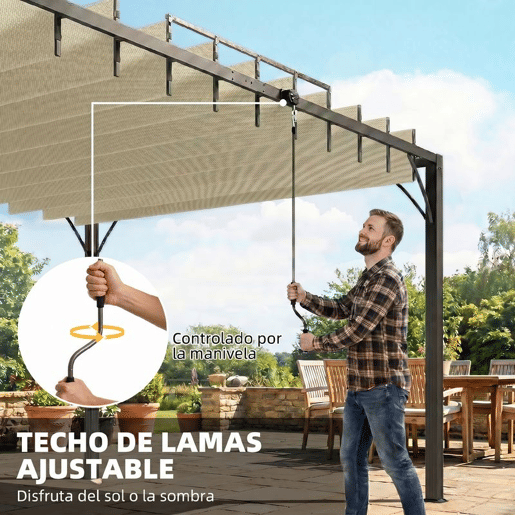Outsunny Pérgola 390x295x213 cm para Jardim com Desenho de Lâminas Superiores Giratórias até 135° Proteção UV 50+ e Estrutura de Aço para Pátio Terraço Varanda Creme