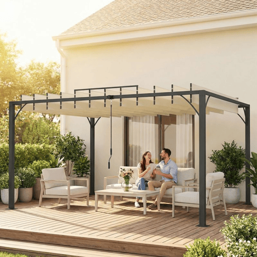 Outsunny Pérgola 390x295x213 cm para Jardim com Desenho de Lâminas Superiores Giratórias até 135° Proteção UV 50+ e Estrutura de Aço para Pátio Terraço Varanda Creme