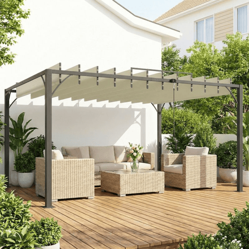 Outsunny Pérgola 390x295x213 cm para Jardim com Desenho de Lâminas Superiores Giratórias até 135° Proteção UV 50+ e Estrutura de Aço para Pátio Terraço Varanda Creme