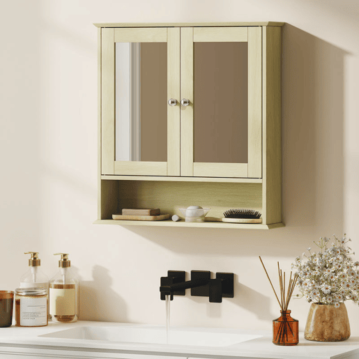 kleankin Armário de Casa de Banho com Espelho, Armário de Parede com 2 Portas Prateleira Aberta e Ajustável 56x13x58 cm Madeira