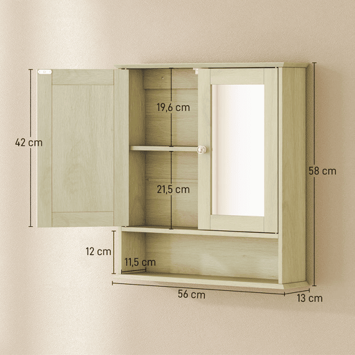 kleankin Armário de Casa de Banho com Espelho, Armário de Parede com 2 Portas Prateleira Aberta e Ajustável 56x13x58 cm Madeira