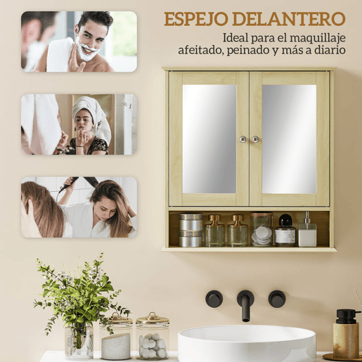 kleankin Armário de Casa de Banho com Espelho, Armário de Parede com 2 Portas Prateleira Aberta e Ajustável 56x13x58 cm Madeira