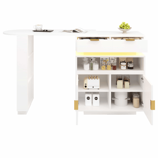 Mesa de bar extensível 115-183 x 40 x 99 cm - ilha de cozinha, arrumação, LED, rotação de 360°, barra móvel - Branco