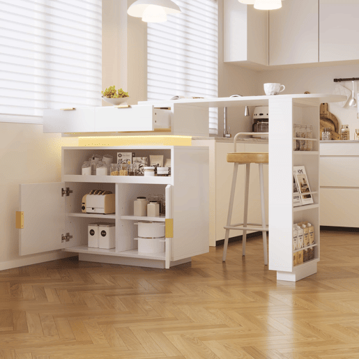 Mesa de bar extensível 115-183 x 40 x 99 cm - ilha de cozinha, arrumação, LED, rotação de 360°, barra móvel - Branco
