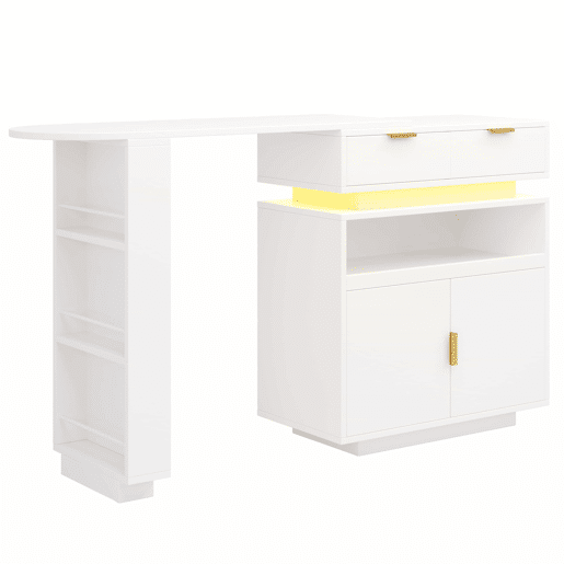 Mesa de bar extensível 115-183 x 40 x 99 cm - ilha de cozinha, arrumação, LED, rotação de 360°, barra móvel - Branco
