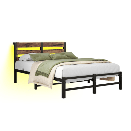 Cama 120x200 - Estrutura metálica com LED e USB, arrumação debaixo da cama - PretoCastanho