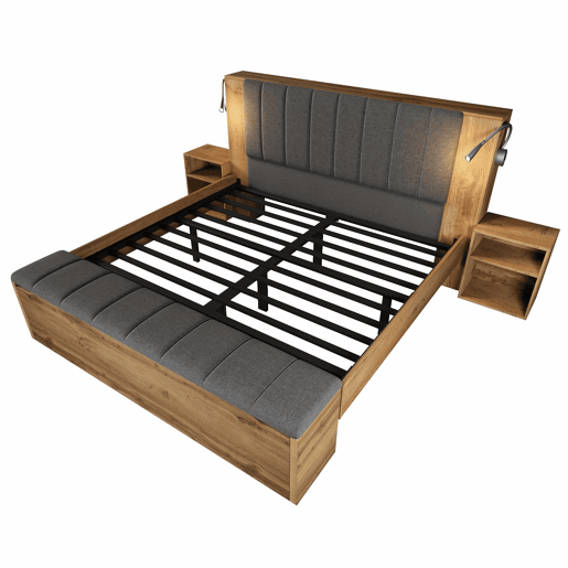 Cama de casal 180x200 cm - Cabeceira rebatível, arrumação, mesas de cabeceira e candeeiros USB - Carvalho