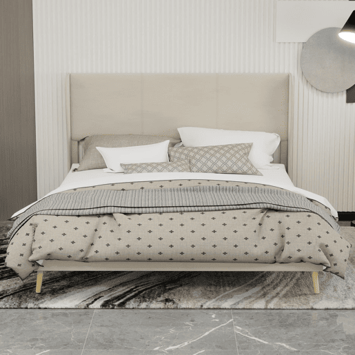 Cama estofada minimalista 160x200 - cabeceira acolchoada, base baixa sem arrumação - bege