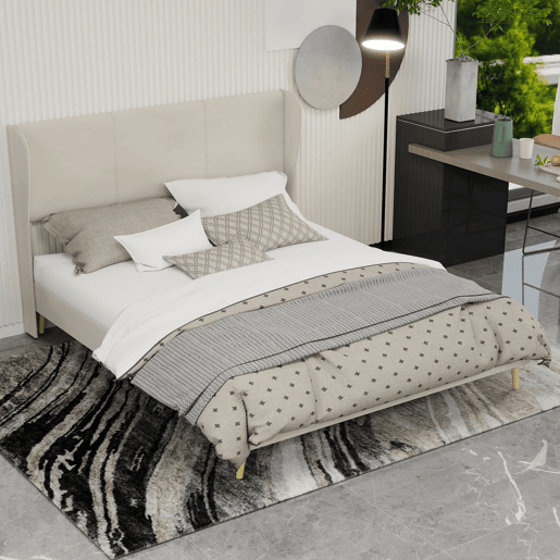 Cama estofada minimalista 160x200 - cabeceira acolchoada, base baixa sem arrumação - bege