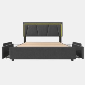 Cama estofada 140x200 cm - Com LED, 4 gavetas, cabeceira ajustável, estrado de madeira - Cinza