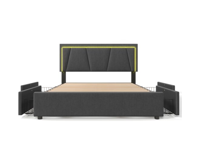 Cama tapizada 140x200cm - con led, 4 cajones, cabecero ajustable, somier de madera - gris