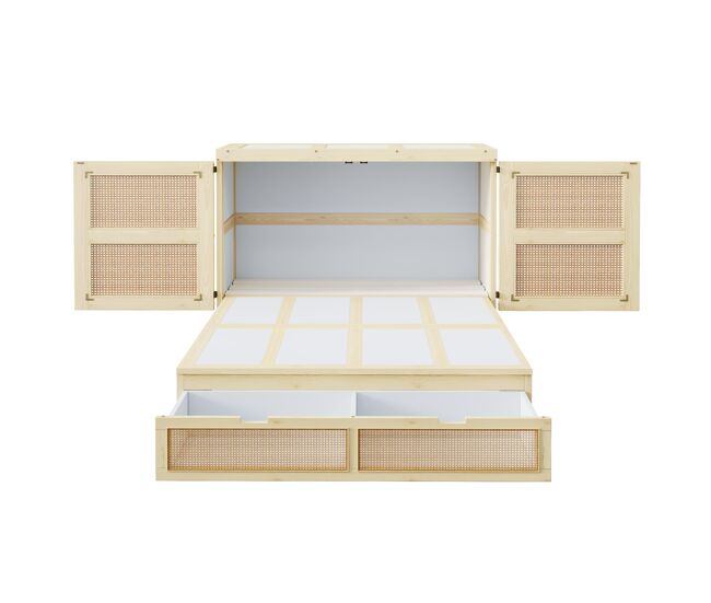 Cama abatible 140 x 200 cm - con somier, cajones de almacenamiento, diseño ratán - madera