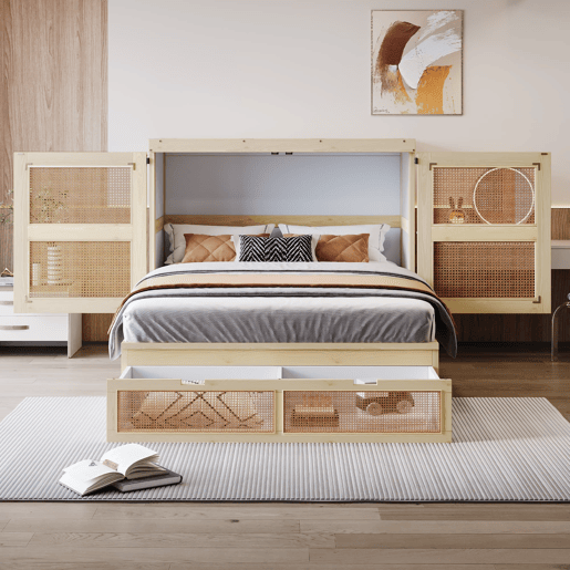 Cama rebatível 140 x 200 cm - com estrado, gavetas de arrumação, design em rattan - madeira