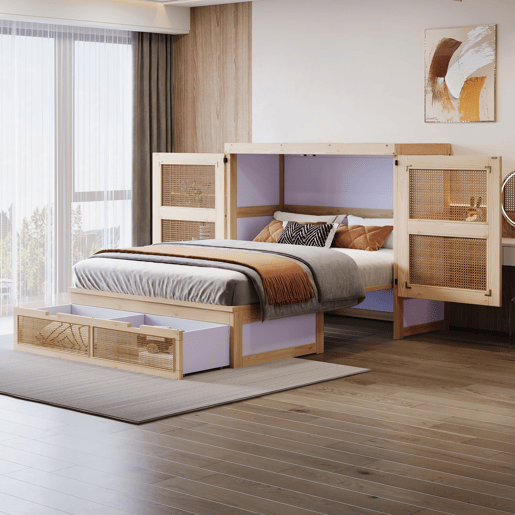 Cama rebatível 140 x 200 cm - com estrado, gavetas de arrumação, design em rattan - madeira