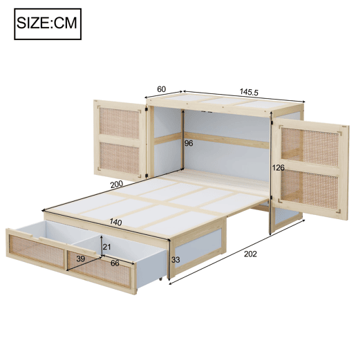 Cama rebatível 140 x 200 cm - com estrado, gavetas de arrumação, design em rattan - madeira