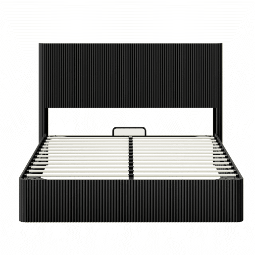 Cama moderna 160x200 cm - Sistema de elevação hidráulico, amplo espaço de arrumação, ripas de madeira maciça, superfície fácil de limpar - Preto