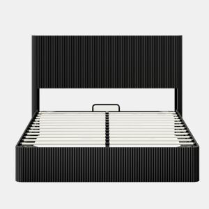 Cama moderna 160x200 cm - Sistema de elevação hidráulico, amplo espaço de arrumação, ripas de madeira maciça, superfície fácil de limpar - Preto